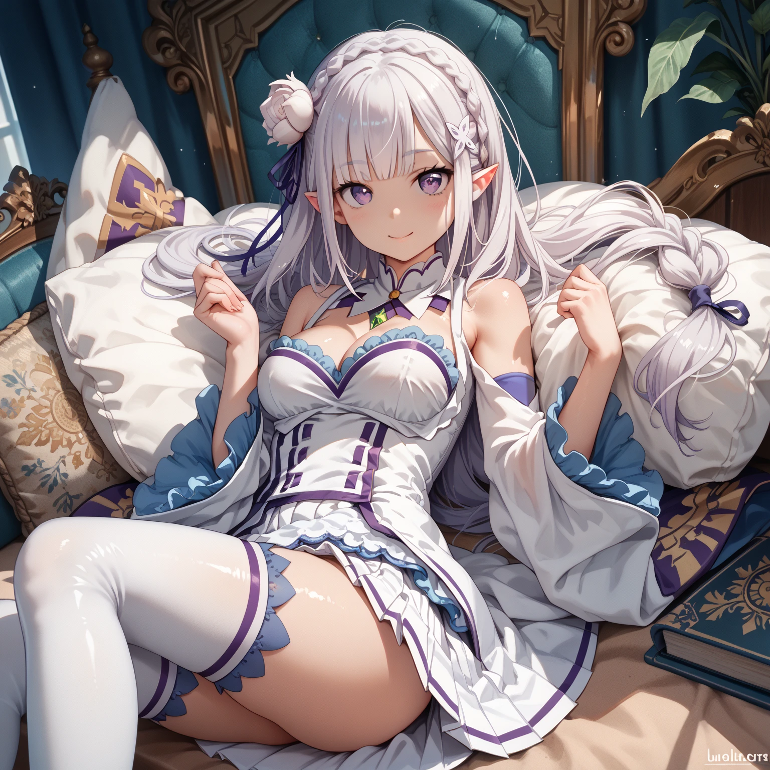 (masterpiece, best quality), (detailed face and eyes) Emilia from Rezero, beautiful girl, expressive eyes, perfect face, 1girl, (detailed beautiful eyes) underwear, full body shot, long silver hair, purple eyes, visible bellybutton, elf ears, feminine, purple pantyhose, flirty, blushing, masturbation from below, Grab your own breasts, One girl, sit on couch, Spread your legs, Raise your legs