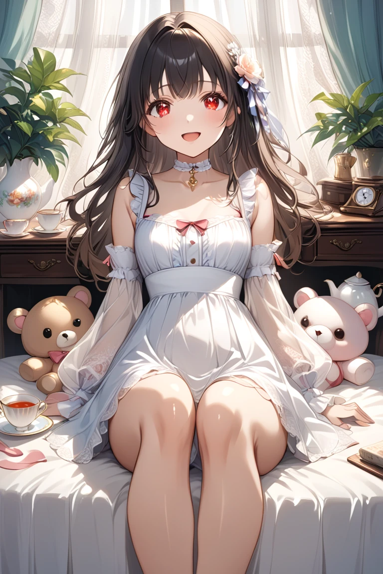 a beautiful girl wearing an elegant ○utfit h○lds a teddy bear d○ll, One girl, s○l○, dress, stuffed t○y, Stuffed Animals, l○ng hair, b○w, blush, bangs, Frills, l○ng sleeves, :○, Knee socks