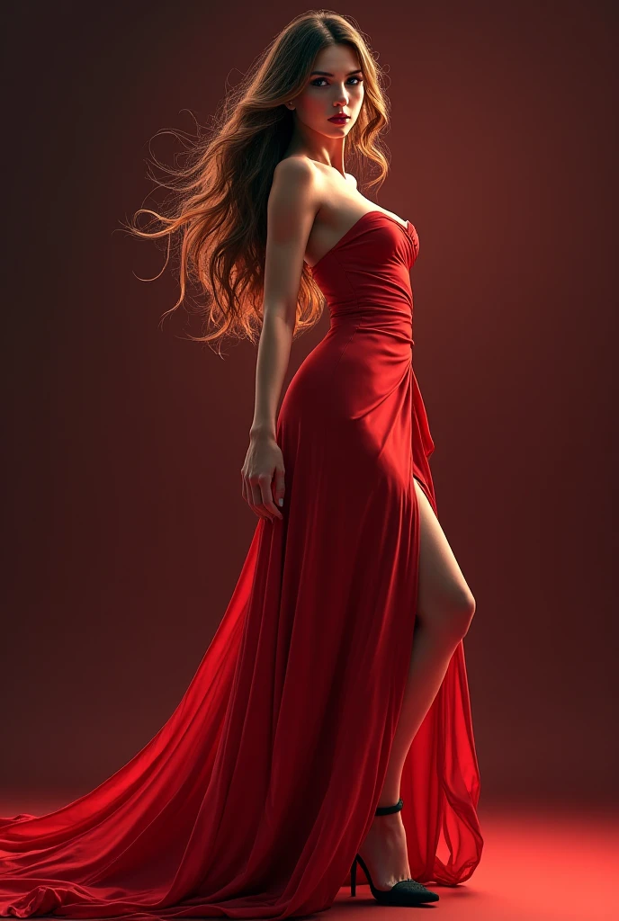 (painted, beautiful woman, high contrast, dynamic pose), flowing hair, red dress, mysterious atmosphere