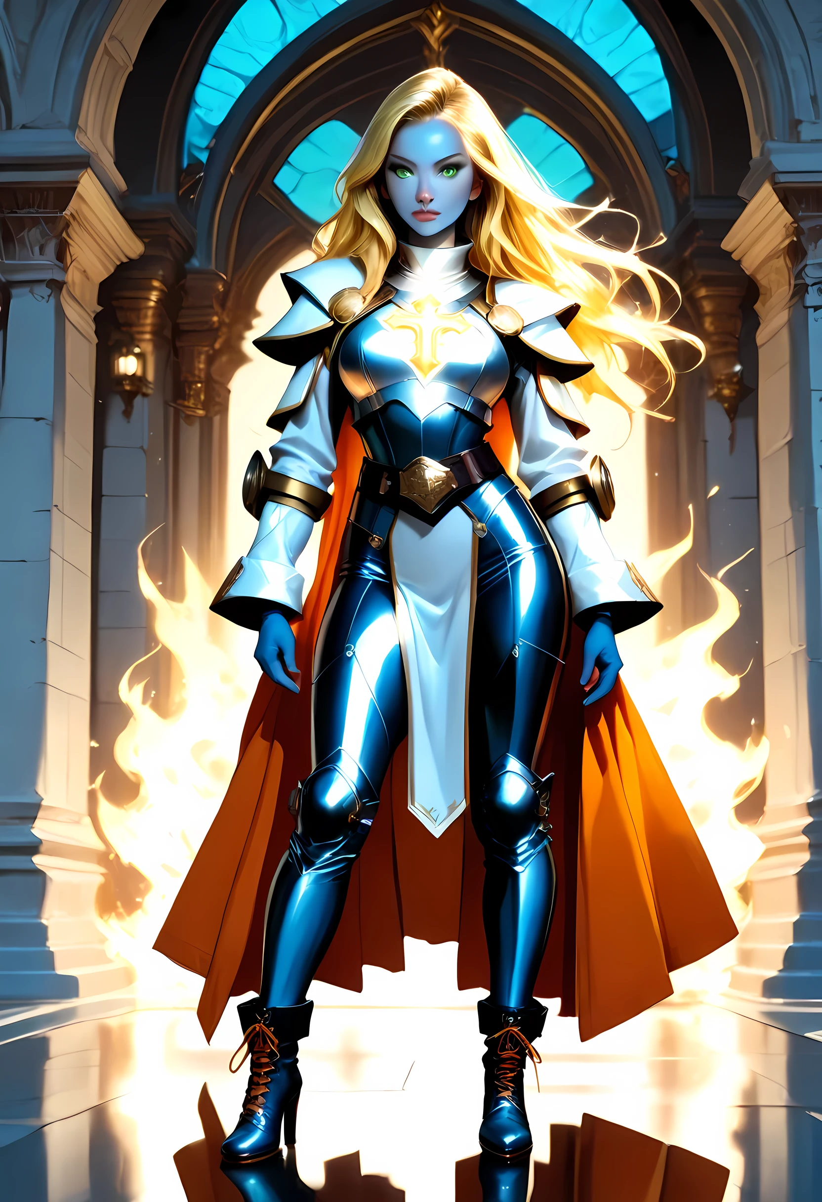 fantasy art, dnd art, RPG art, wide shot, (masterpiece: 1.4) a full body shot,  intense details, highly detailed, photorealistic, best quality, highres, portrait a female ((blue skin: 1.5)), intense details facial details, exquisite beauty, cleric, ((cobalt blue skin: 1.5)) female, ((yellow hair: 1.5)), long hair, (((no ears: 1.5))), (green eyes: 1.3), armed with a fiery sword red fire, wearing (white priestly combat vestments: 1.5), wearing high heeled laced boots, wearing an (orange cloak:1.3), wearing glowing holy symbol, within fantasy temple background, reflection light, high details, best quality, 16k, [ultra detailed], masterpiece, best quality, (extremely detailed), close up, ultra wide shot, photorealistic, RAW, fantasy art, dnd art, fantasy art, realistic art,((best quality)), ((masterpiece)), (detailed), perfect face, fantasy, Cinematic Shot, commix style