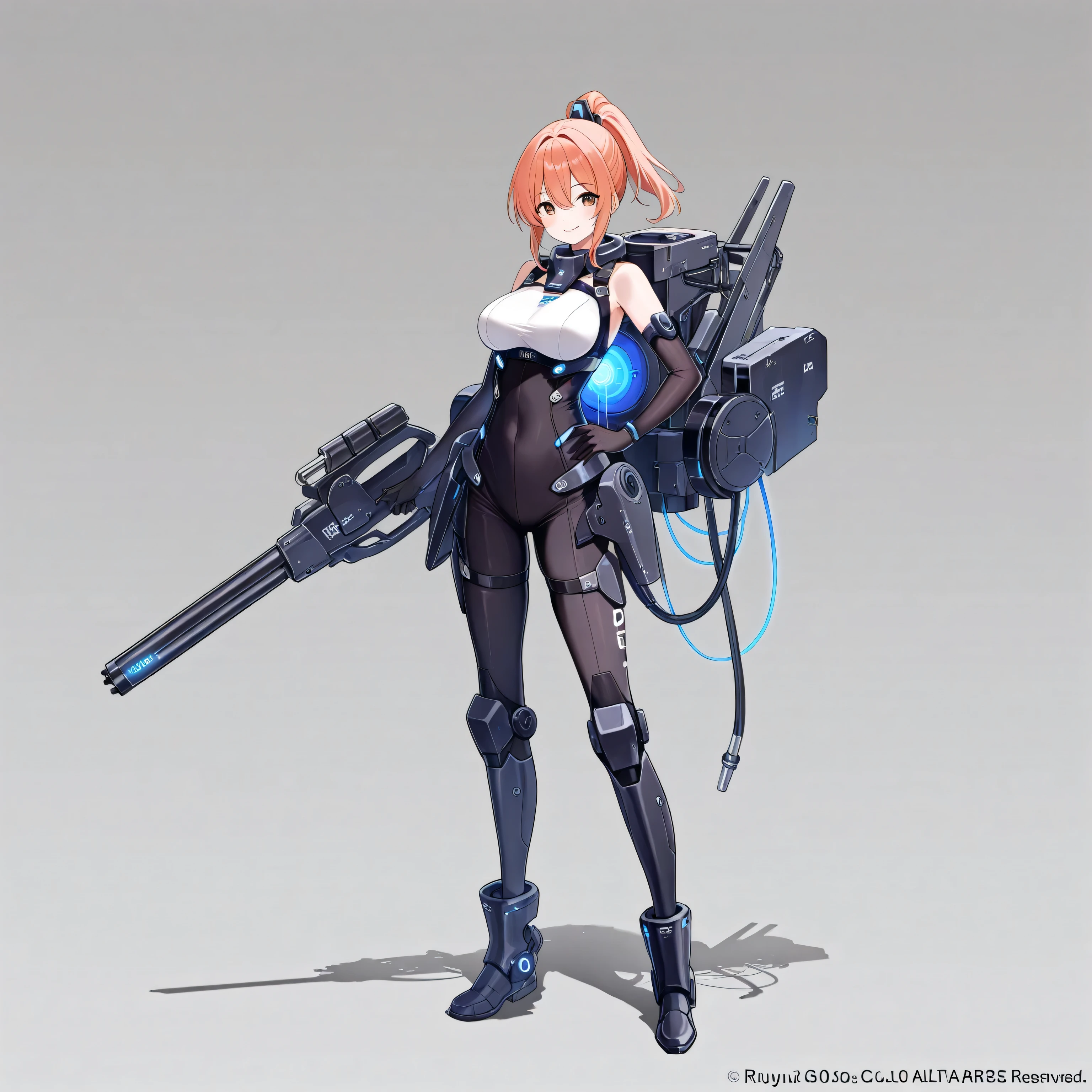1 girl、moderate bust、smile、 detailed expressions 、ruanyi0152 、(white background)、 ruanyi0238 、 blue glowing parts 、cable、Complex and precise instruments、Machinery Parts、 high knot ponytail、full body、best quality、masterpiece、high resolution、Dynamic Pose、model standing、official art、 very elaborate CG Unity 8K Wallpaper 、Carrying a large flying unit、long hard boots 、Exoskeleton、Elbow Up Gloves