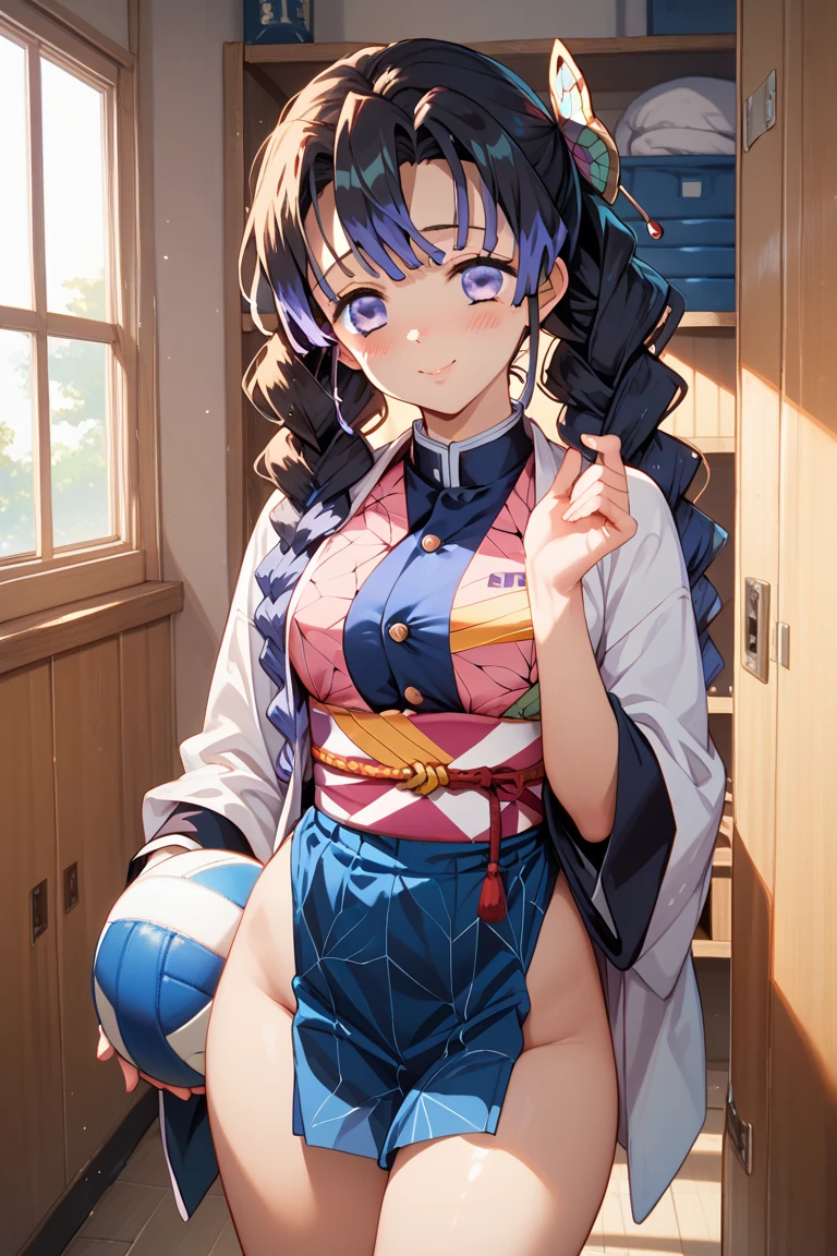 NSFW,masterpiece,Highest quality,High resolution,Super detailed,dawn_\(pokemon\),blue eyes, Blue Hair, Long Hair, Side Lock, Hair Clip,High-quality yukata,Embarrassed,blush,Inn at night,Japanese-style room,tatami,futon,(Middle-aged men),A man puts his hands on her waist and hugs her,Sitting