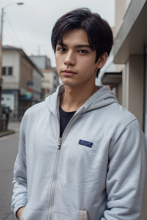 Anime His hair color is black, his face is white, he wears a jacket with long sleeves to the tips of his fingers, a simple blue jacket, his pants are black and have long blue stripes on the right and left side of the case