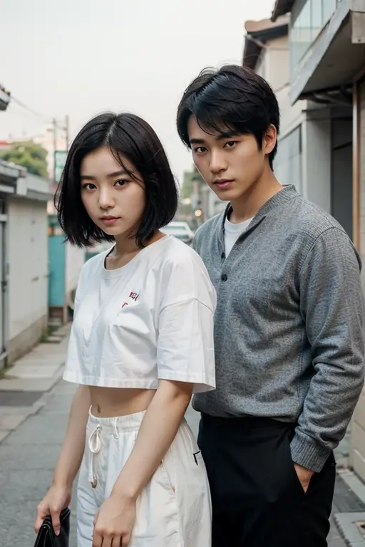 A beautiful Korean girl with short black hair and wearing a  is with a handsome Korean guy with black comma hair and also wearing a . 