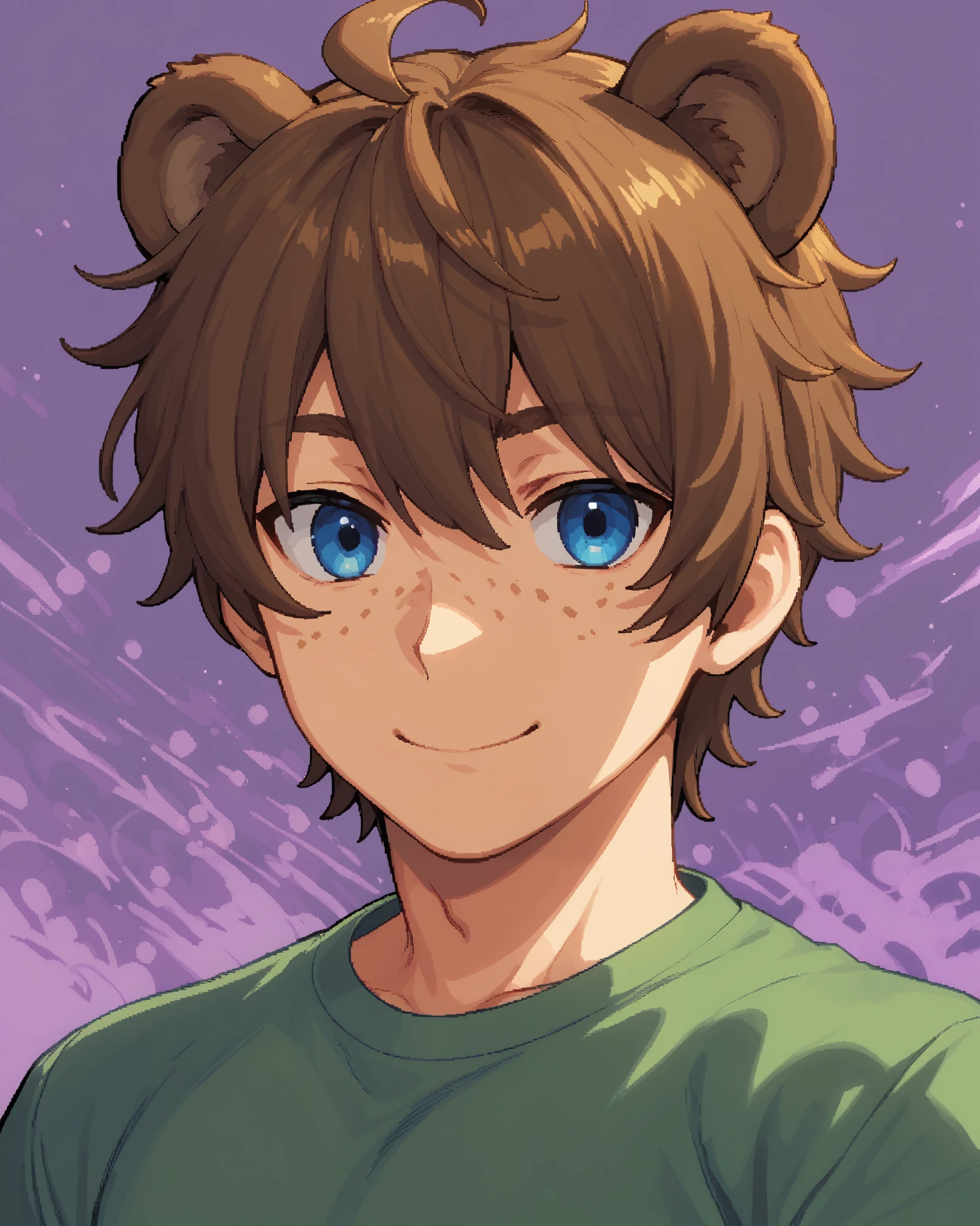 score_9_up, score_8_up, score_7_up, 1boy, solo, source_anime, mature male, (pixel art), lanky male, kemonomimi, bear ears, brown hair, short hair, messy_hair, blue eyes, freckles BREAK
Green shirt, short sleeves, upper body BREAK
Standing, looking at viewer, confident smile, closed mouth, portrait, abstract background, purple background