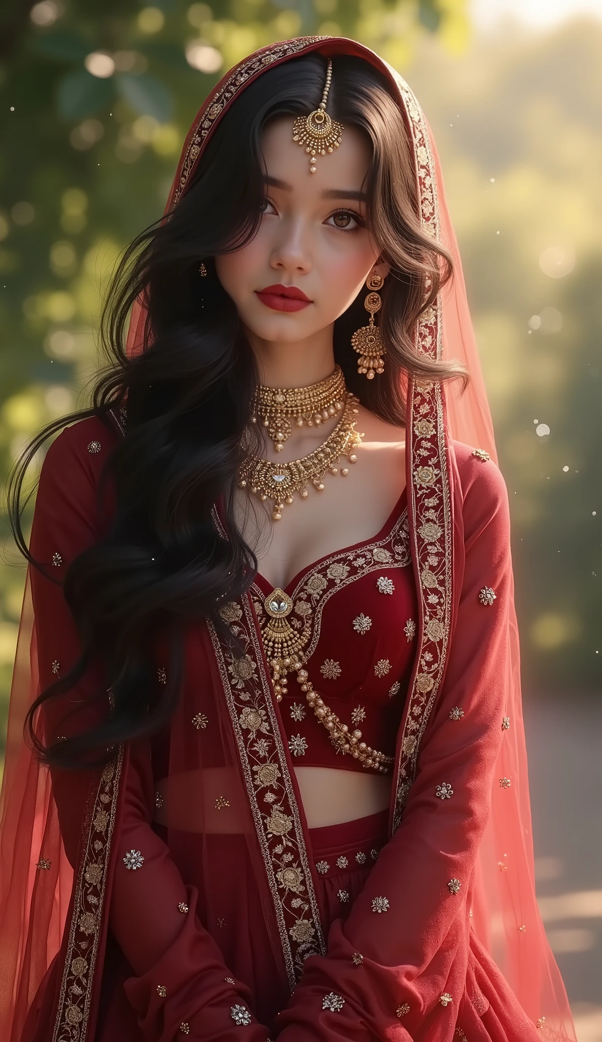 Digital painting,A stunning beautiful indian girl,pinkish white skin,glossy,long black hair,wearing maroon farshi lehnga with long length shirt for short height bride,intricate gold embroidery,luxuries indian bridal dress,light flowing fabric cover her head, beautiful pose,glittering,blink blink,light bokeh,green garden,white fog,front view,sparkling,dreamy,full body