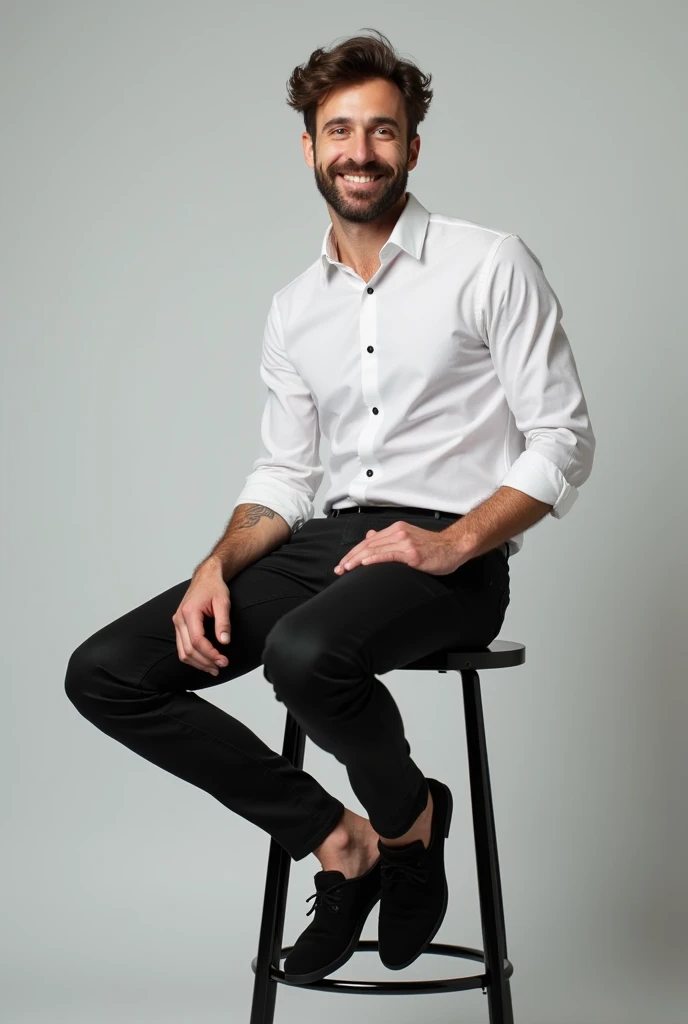 best qualityer:1.4), (ultra high resolution:1.2), (photorrealistic:1.4), (8k, CRU photo:1.2), 1 male aged 26. Caucasian skin. wavy light brown hair.He is wearing a white button-down shirt. He is wearing black jeans. black sneakers. He is sitting on top of a colorful cube. You are in a photography studio with a white background. he is Brazilian.