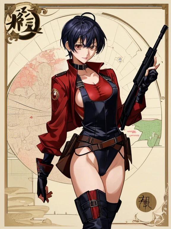 inoms , beautiful, masterpiece, best quality, 1girl, tinted eyewear,red thigh boots, hat ,red outfit,solo, crop jacket, shorts, black bra, large breasts, solo, <lora:InoMS:1>