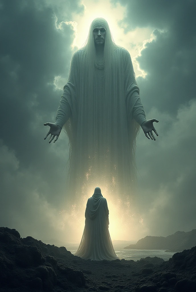 A very sad man folding hands before bagavan ram ji ,sky god appear, back side god lite ,night time ,