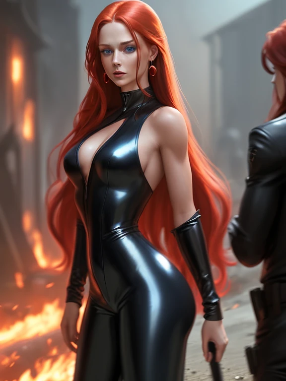 Dark Phoenix (Sophie Turner, red hair), holding ass. photorealistic. looking at viewer, 8k, photo raw, depth of field