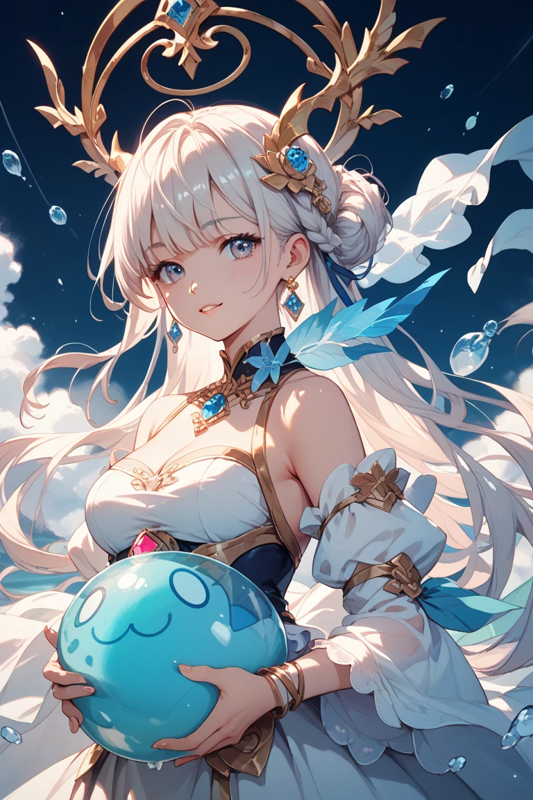 masterpiece, best quality, 8k resolution, sharp focus, intricate detail, beautiful girl, sparkling eyes, golden ratio face, otherworldly liquid, watercolor, pastel colors, bright colors, whimsical, colorful, sharp focus, high resolution, fine detail, princess layered ballgown, ((round eyes)), iridescent bubbles, magical castle landscape in background
