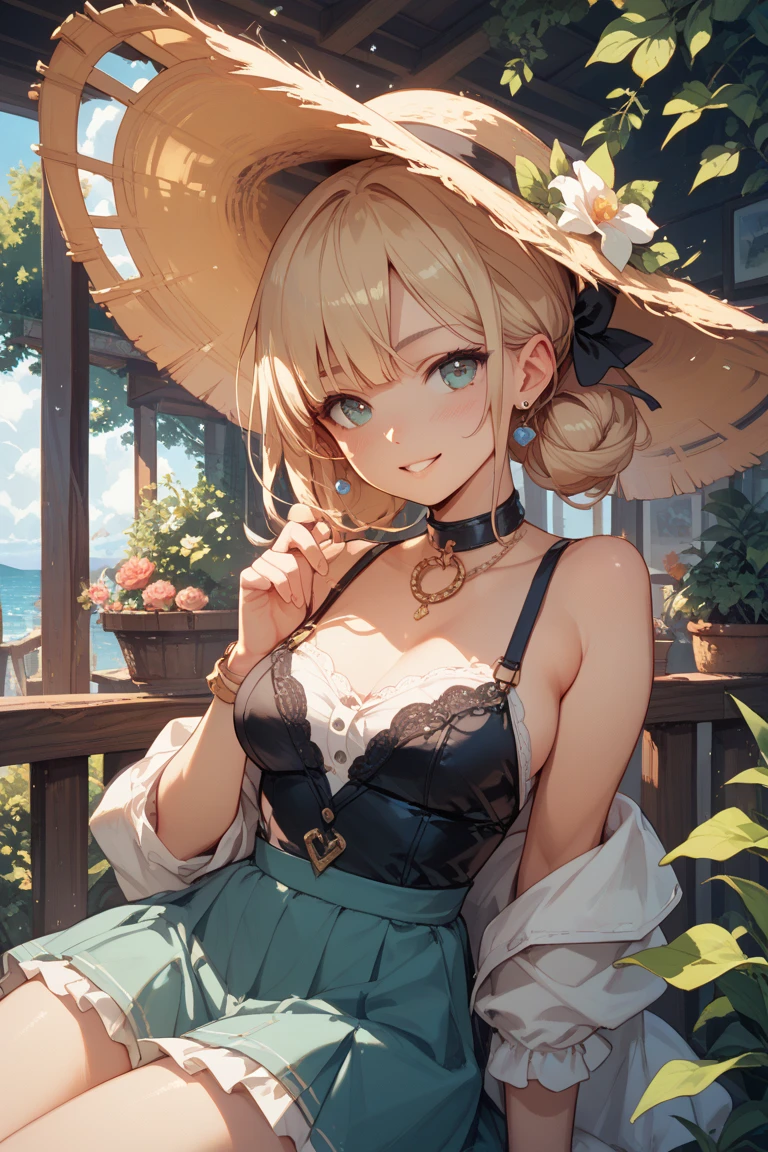 (highest quality, amazing details: 1.25), (1girl:1.5), smiling, blonde hair, two shades of blonde hair, casual wear, (brown left eye), (green right eye), (heterochromia eyelat chest, fedora hat, white tank top, very small breasts, sideswept bang, black waistcoat, private detective