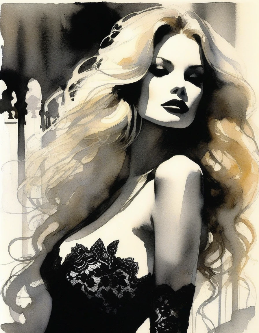 the sexy girl, night, lace dress black and white image( art inspired by Bill Sienkiewicz, oil painting) эротическая поза, сексуальная, каблуки, чулки, красивое бельё, секси поза, выгнулась, огни города