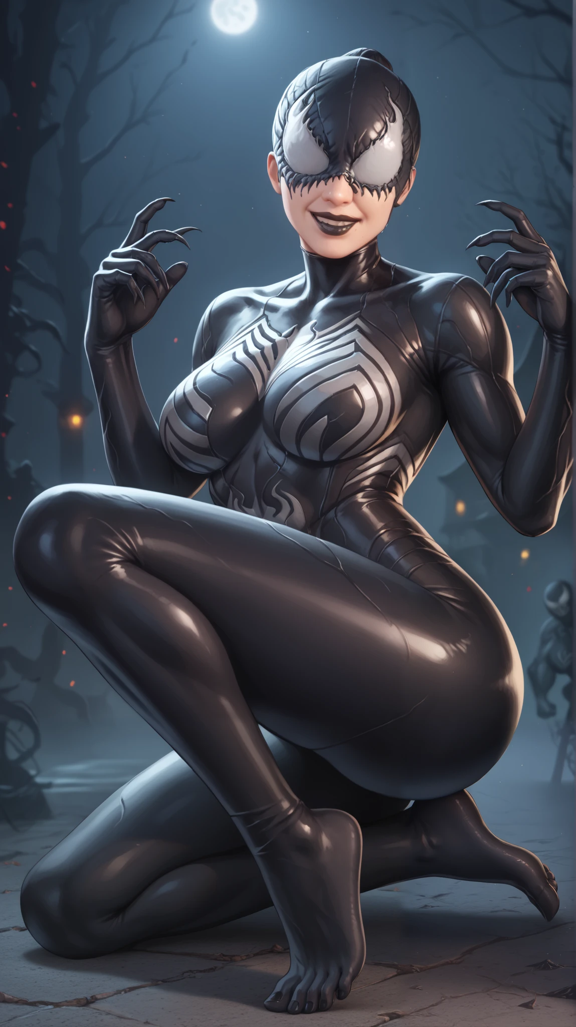girl (masterpiece),, black lips, , night, head covered with the black Venom symbiote, covered face, Venom face, she Venom tight suit, black suit, shiny black feet,shiny black feet, white light, full body,smiling, angry expression, fighting pose