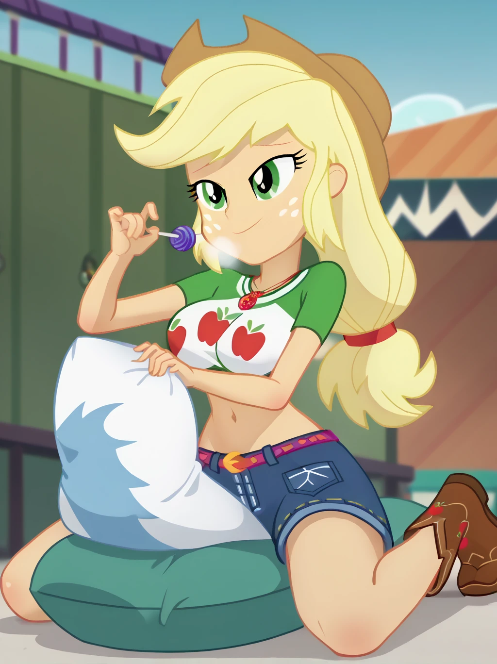 (masterpiece, best quality:1.2), full body,solo,1girl,applejack from equestria girls ,looking at viewer,low-tied long hair,cowboy hat,shirt,wheat field,vector trace, barefoot, apple-patterned panties ,no pants, barefoot, tied ankles together, tied arms, sit on a chair, tape gagged