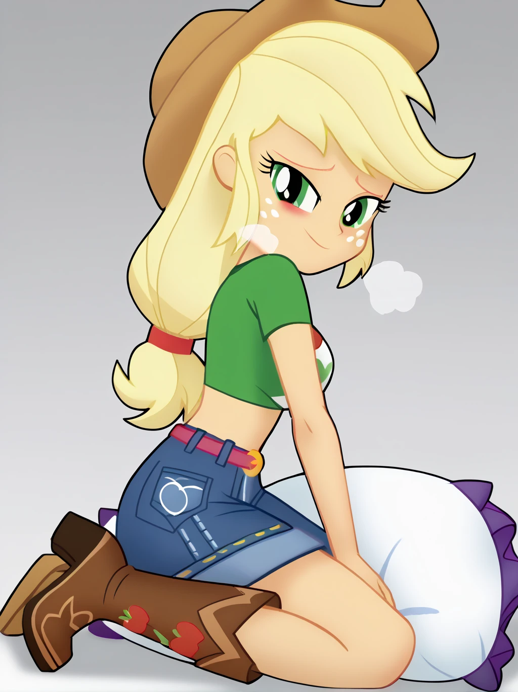 (masterpiece, best quality:1.2), full body,solo,1girl,applejack from equestria girls ,looking at viewer,low-tied long hair,cowboy hat,shirt,wheat field,vector trace, cowboy boots, (panties), ((angry, blushing, clenching fists, standing)) ,no pants