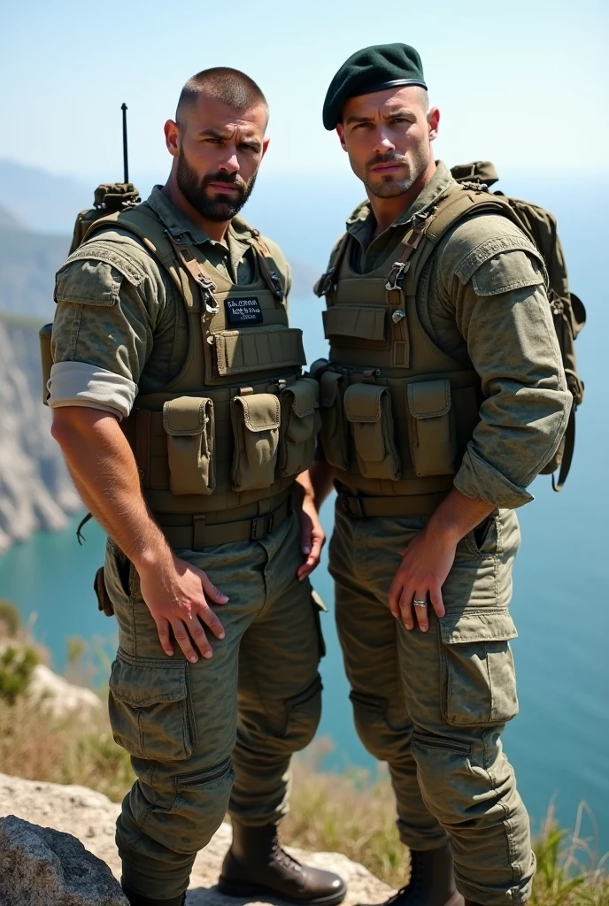 Two big, hairy, bearded, strong, muscular Persian policemen in police pants and shoes, wearing no shirt, open pants and belts, in a courtyard completely walled with a white wall, Sandy ground, a big tree in the background. Two boys sitting on the wall watching. Men sitting on the floor leaning against the wall in their underwear.