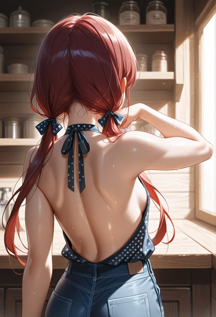 high resolution, ultra-sharp, 8k, Masterpiece, Sento Isuzu, looking at the viewer, Photography from behind, thick ass, wearing blue thong, seductive smile, beautiful face, ashamed,sticking out ass