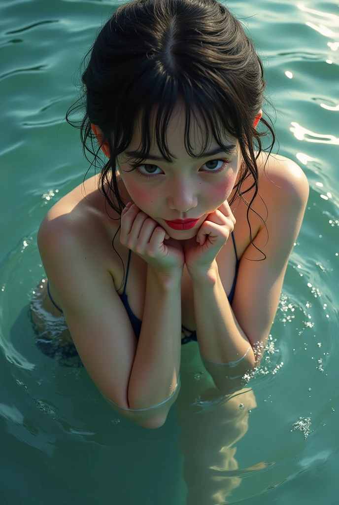 Woman swimming with sea turtle, korean beauty,