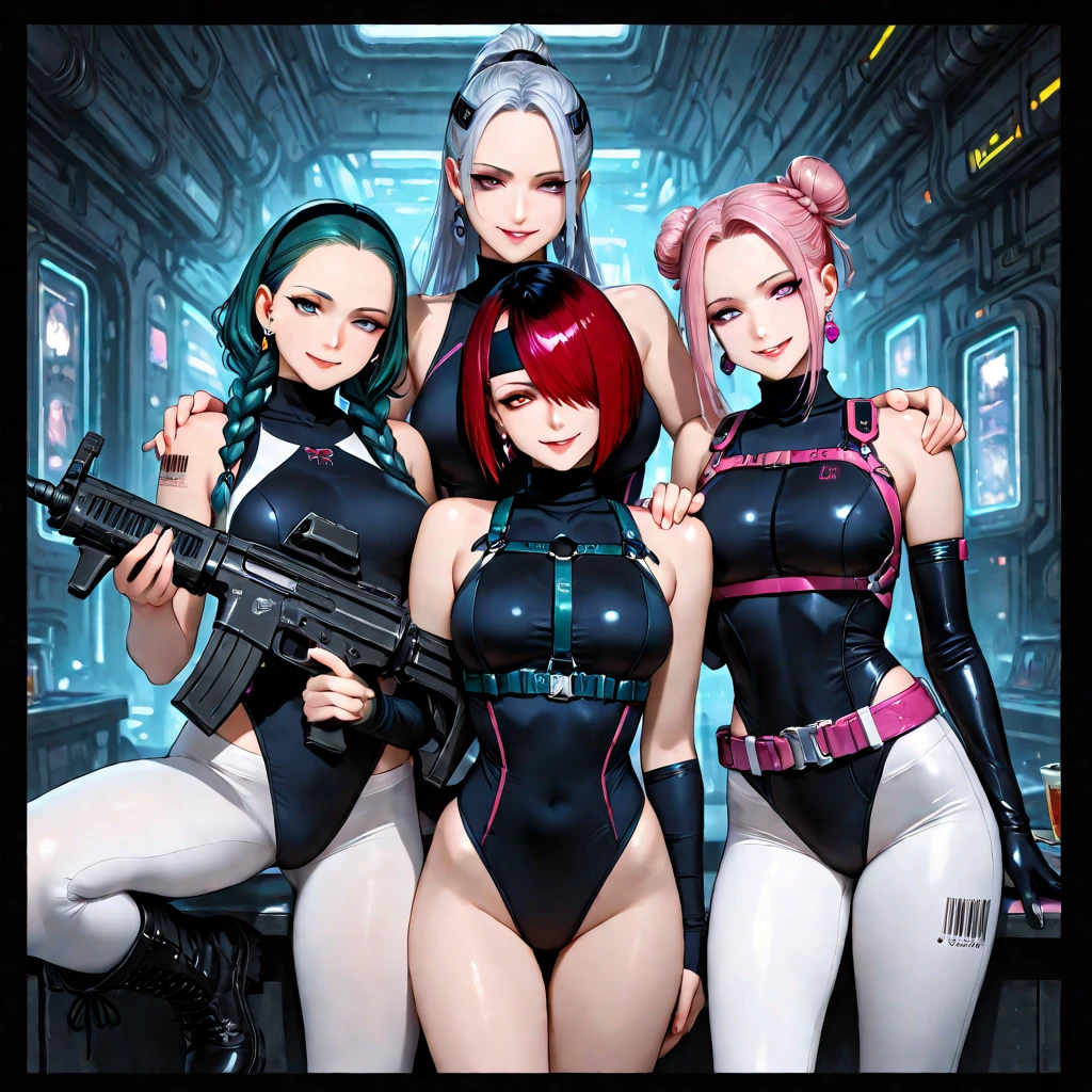 Three women in shiny dresses are posing for a photo, trending at CGstation, deviant art station CGScosiety, anime girl, opai cyberpunk, style art germ, anime style 3D, digital cyberpunk - anime art, ig model |Artgerm, digital cyberpunk anime art, three futuristic princesses, Artgerm style, anime style. 8K, big breasts