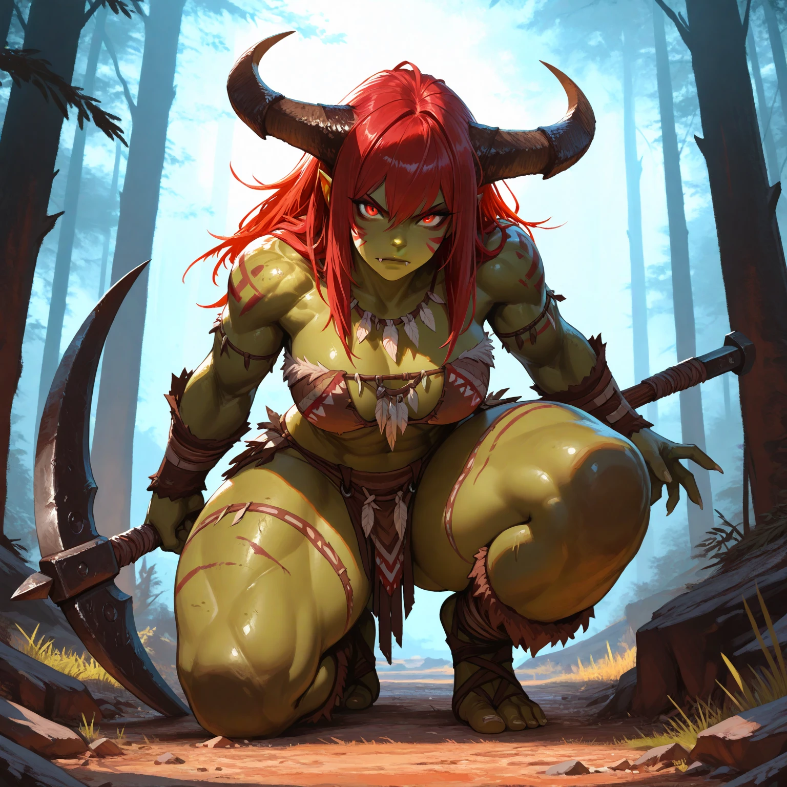 (((by fluff-kevlar, by wyntersun, by boosterpang, by darkgem, by bigdad))), solo female ((Kobold)), (detailed Kobold)), (huge breasts:1.3), nipple outline, (wide hips:1.7), (huge thighs:1.5), (huge ass:1.4), athletic, Kobold black horns, Kobold tail, messy hair, thigh highs, black thong, (torn tank top:1.4), bare midriff, front view, looking at the observer with an embarrassed smile, blush, perspective, finely detailed paws, punk style, standing upright, fantasy theme, medieval style, standing on path, forest, sunny day, holding spear