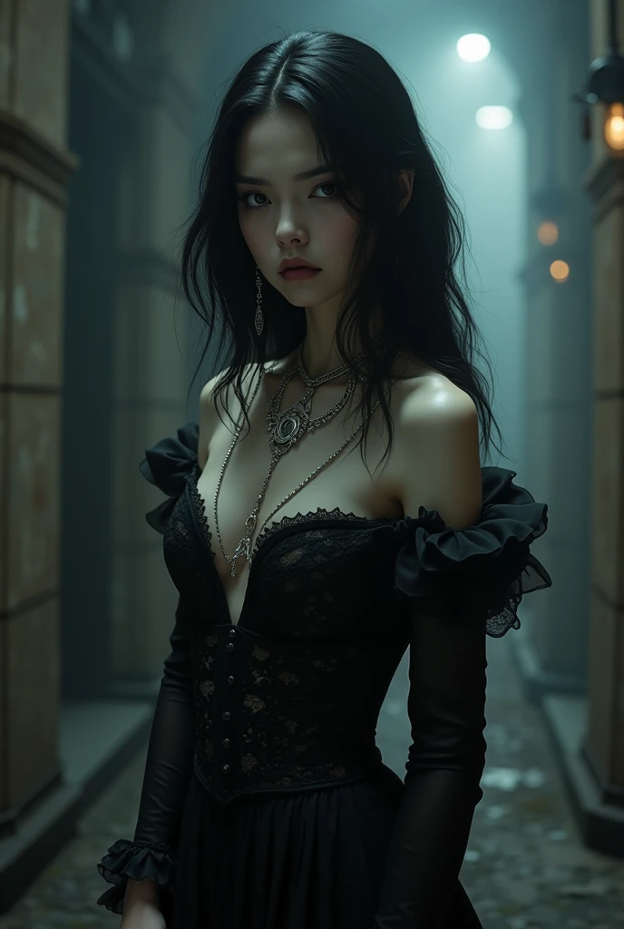 Special clothes53,dress, Beautiful devil woman from hell, (in the darkness: 1.6), 大卫霍克尼和阿尔方斯穆夏的Surreal女性portrait, fantasy art, korean doll, photorealism, dynamic lighting, art station, poster, Volumetric lighting, The facial details are very rich, 8k, in the darkness, deep shadow, low pitch, (knee shot), long hair, black hair, luxurious palace, royal style, Demon Crown, Red eye makeup is very sharp and detailed, the most beautiful face, normal breast, Surreal, charming smile, Eye makeup is very good, Gurwitz, devil style, red and black lips, Devil tattoo on shoulder, The weather is gloomy and thunderous, (portrait), Protagonist close-up, (Background details 1.8),