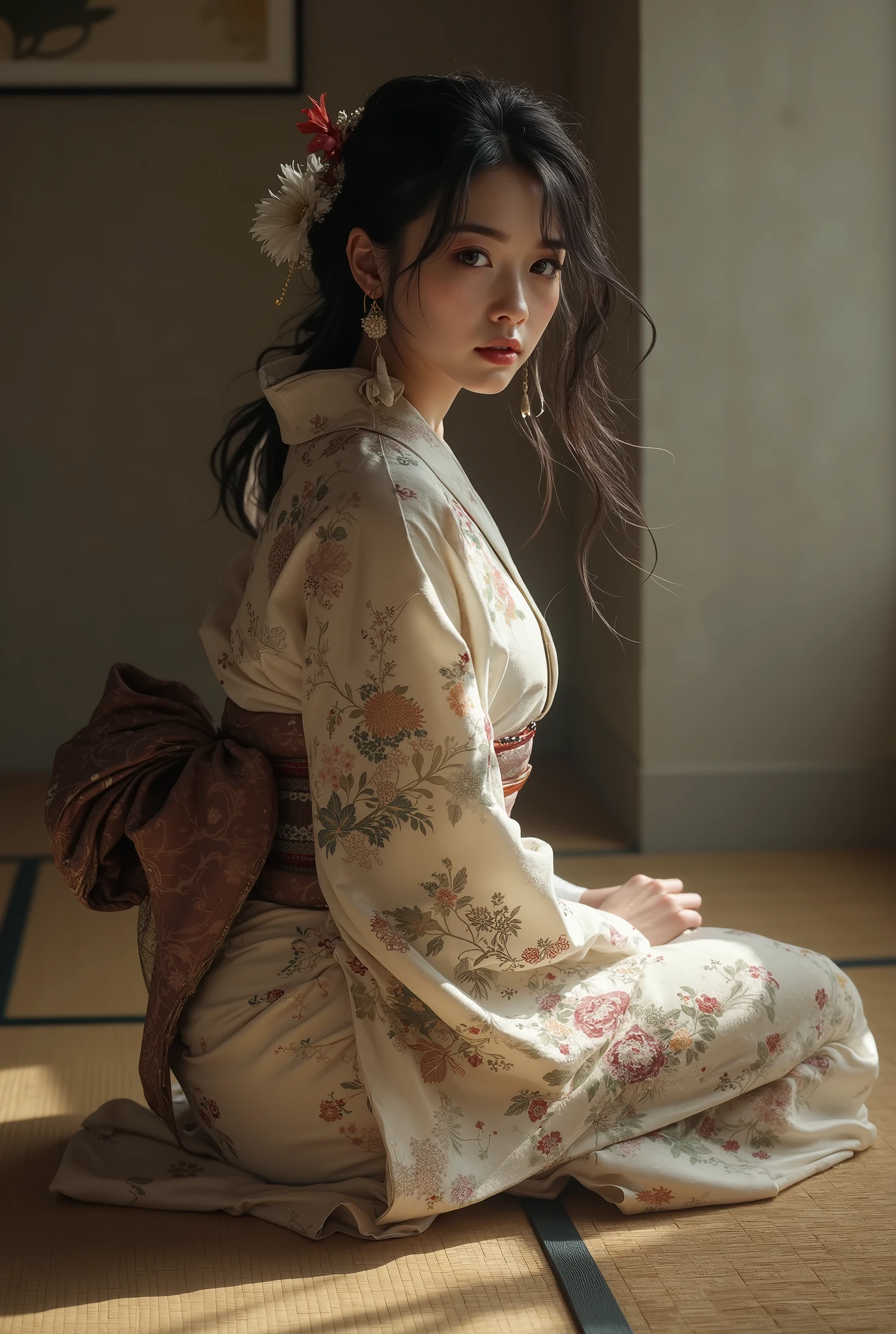 a sensual and beautiful French girl in a kimono seated on tatami floor,