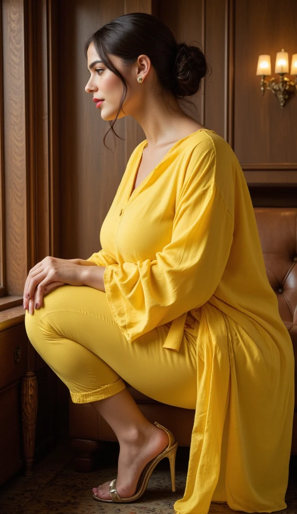 Create a hot Indian women image in long kurti and only underwear resting on sofa big fat ass and boobs realistic Full body image small stomach