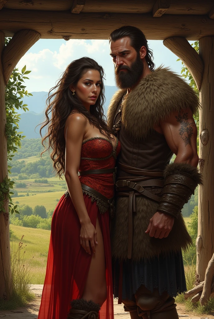 timeless style, (analog style:1.2), masterpiece, best quality, 8k, artstation, high details, sharp focus, ultrarealistic, raw photo portrait of 2persons, (barbarian man and sexy beautiful amazon woman:1.2), (water color painting:1), (vintage oil painting:1), by boris vallejo and luis royo