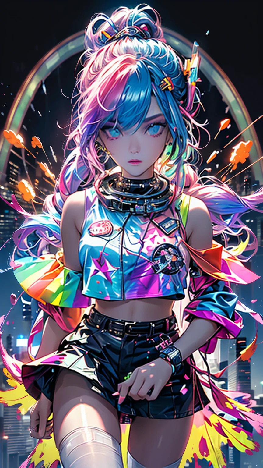 hair bobbles, wince, long eyelashes, solid circle eyes, light smile, ear blush, fang, (((rainbow hair))), makeup, blush, sad, sad smile, drop shadow, anaglyph, atmospheric perspective, 8k, super detail, accurate, best quality, (cyberpunk), bright lighting, masterpiece,1girll, ((((short twintails)))), Colorful hair, flying, pink bows,((16-year-old female model)), (angel halo) , eye level shot, (((astronaut))), (((wide shot))), ((((( color splash ))))), (((ltech savy)))
