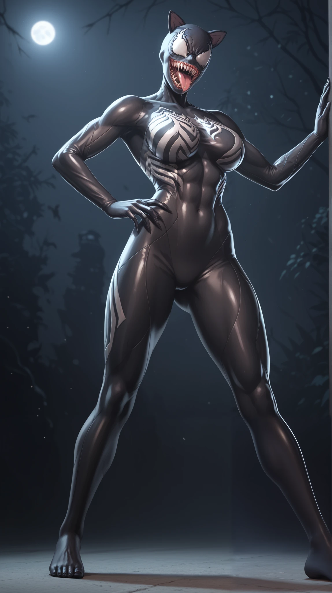 Shadowless light soft ray-traced lighting, angry face, (black body art painting: 1.9), ((best quality, 8k, masterpiece: 1.3))), clear focus: 1.2, wet body, highly detailed face and skin texture, detailed eyes, double eyelids, long hair, heavy sagging big breasts, bare feet, standing with legs apart,
