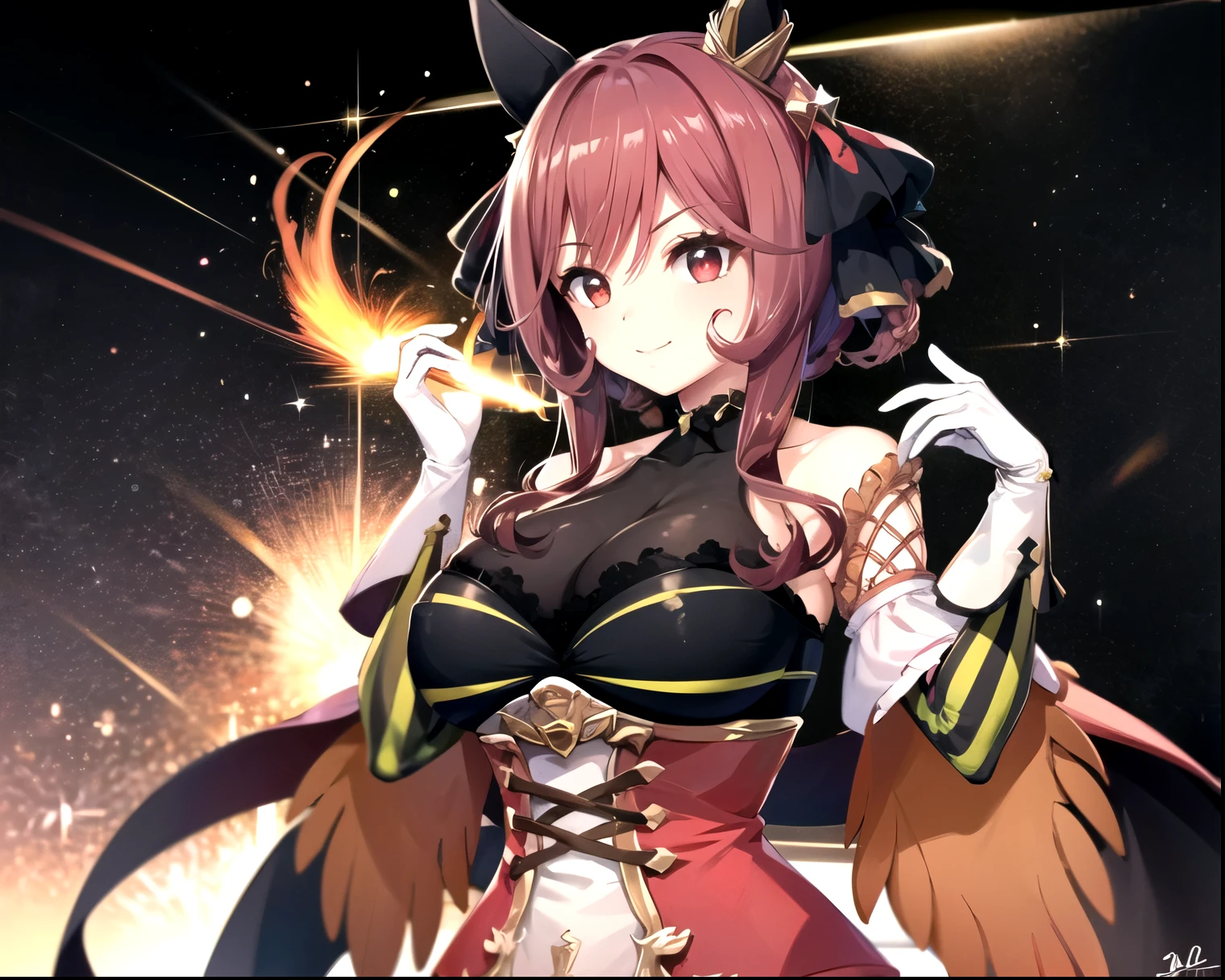 Gentildonna,Uma Musume,1 girl, animal ears, alone, purple eye, Horseshoe ,Big Breasts,,light smile,BEST QUALITY,Bare Shoulder, white gloves, Black belt wrapped around the chest, red dress, frills, Nipples、Skin、ribbon, black skirt, knee-high socks, white legwear, Big Breasts, place your hands below your lower back, smug , Big Breasts、Black background,colorful, loose clothing、vibrant, Shining Contours ,neon,green、Official Art、viewer, masterpiece, is very beautiful、starry sky、 side map、Light powder、neonヘア、BEST QUALITY , 8k , masterpiece , Unbelievably Dumb , beautiful woman , perfect body , very detailed skin , is on her chest