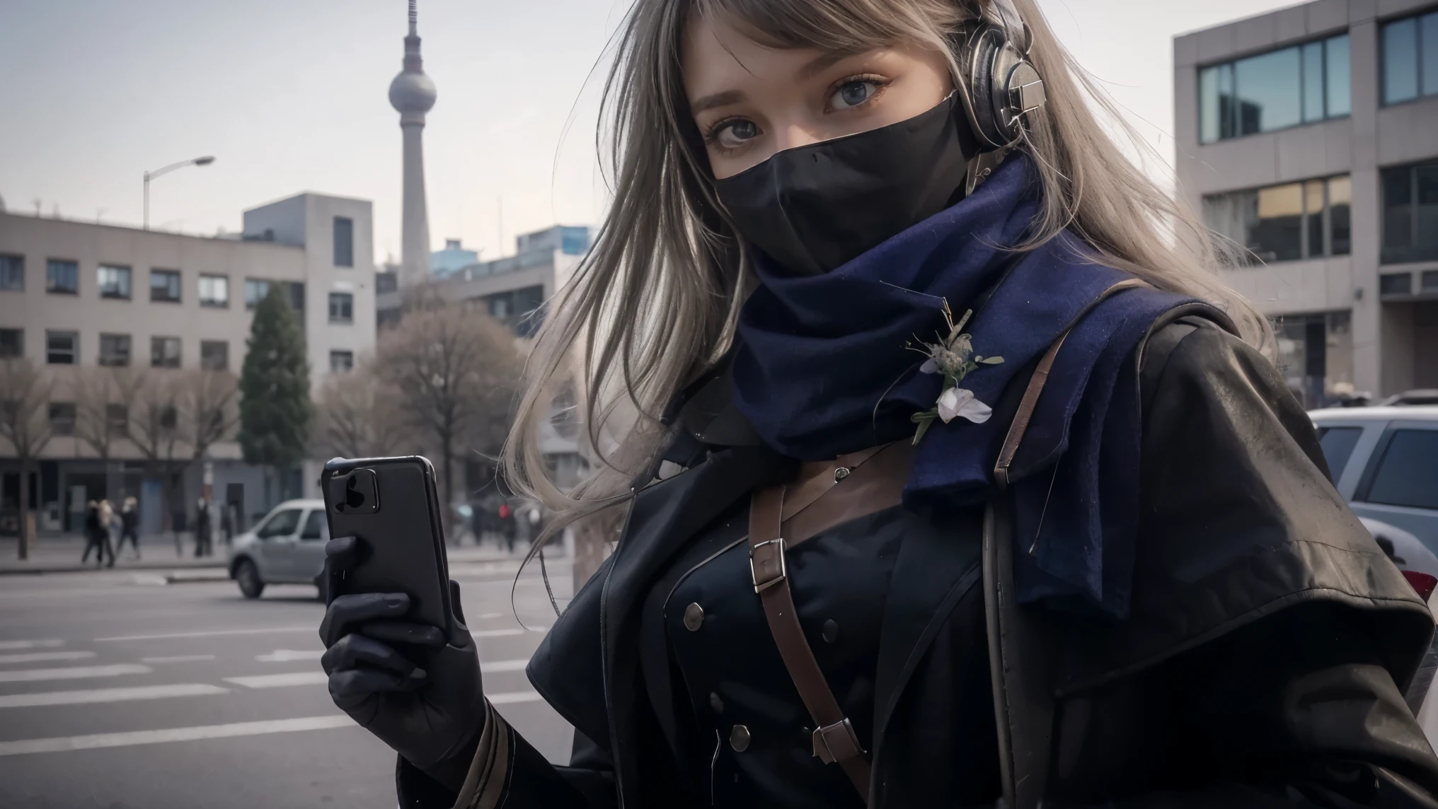 masterpiece, best quality, 1girl, solo, Bkornblume, headphones, solo, blue scarf, latex coat, pussy, observing, interrogation, black dress, black gloves, grey hair, holster gun, black coat dress, long sleeves, gloves, blushing, cafe, smile, full body, information, german girl, boots, sitting, opened breasts, die stasi spy, cafe background, pantyhose, heels, holsters, coat buttons, knee, ((Berlin Street background)), misty background, Germany stasi, breasts, blue stocking, bkornblume, using cellphone telephone, buildinggs stasi, indoor, giving information intelligence, confidential document papers, (((face close-up)), (blue neck blue mask), intelligence stasi spy