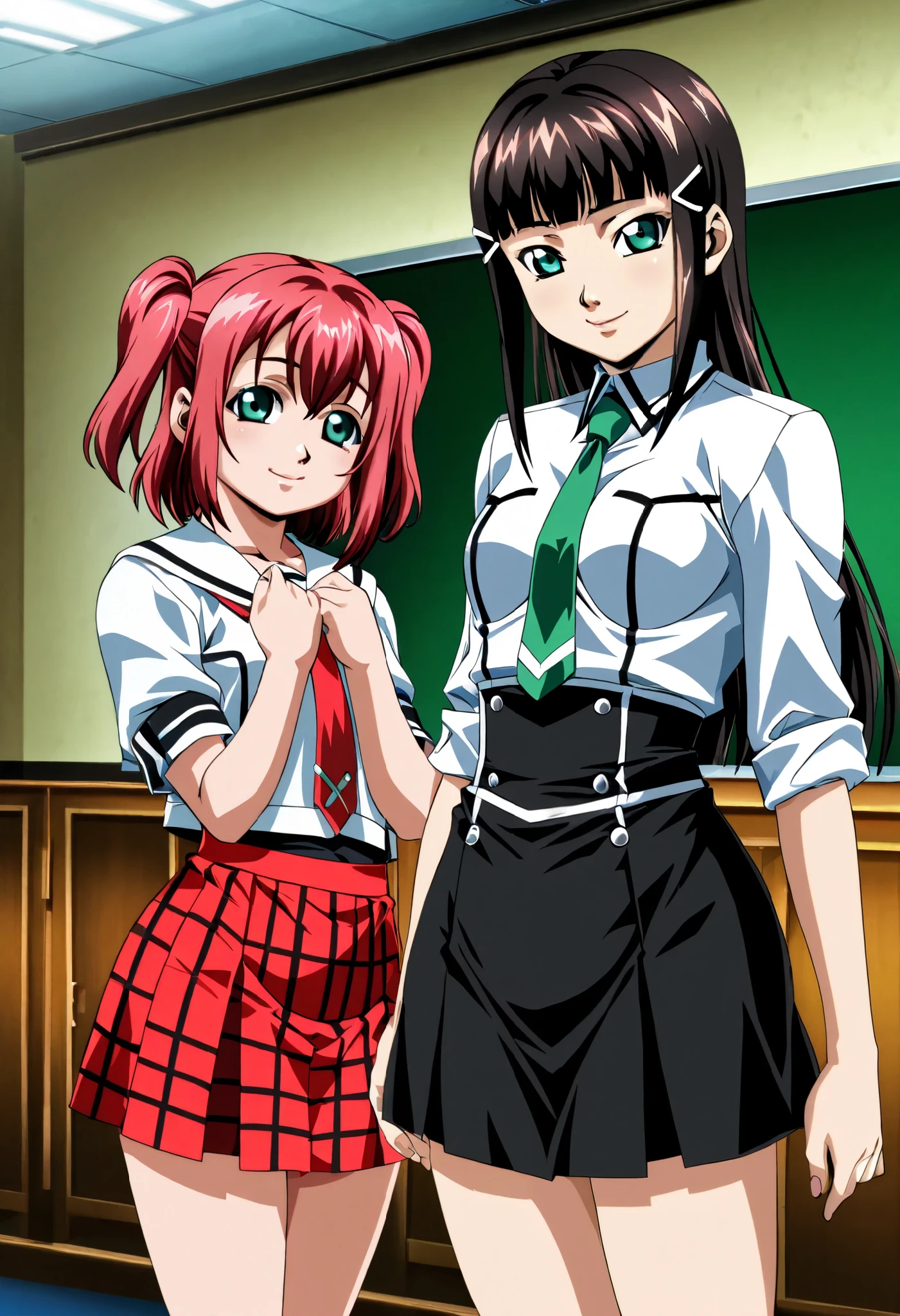 Bible black, anime art, cowboy shot, kurosawa dia , Kurosawa ruby, school clothes, high waisted plaid skirt,crop shirt,necktie, rolled sleeves,standing , 2girls,in school council room, looking at viewer, smile