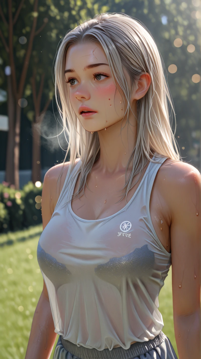absurd, masterpiece, best quality, realistic, hyper-detailed, (shiny skin, sweaty:1.4), slender, looking at viewer, 1girl, solo, tennis wear, white polo shirt, white sneakers, white miniskirt, long hair, silver hair, blue eyes, (thick thighs:0.5), dynamic lighting, high resolution, sharp focus, depth of field, small breasts