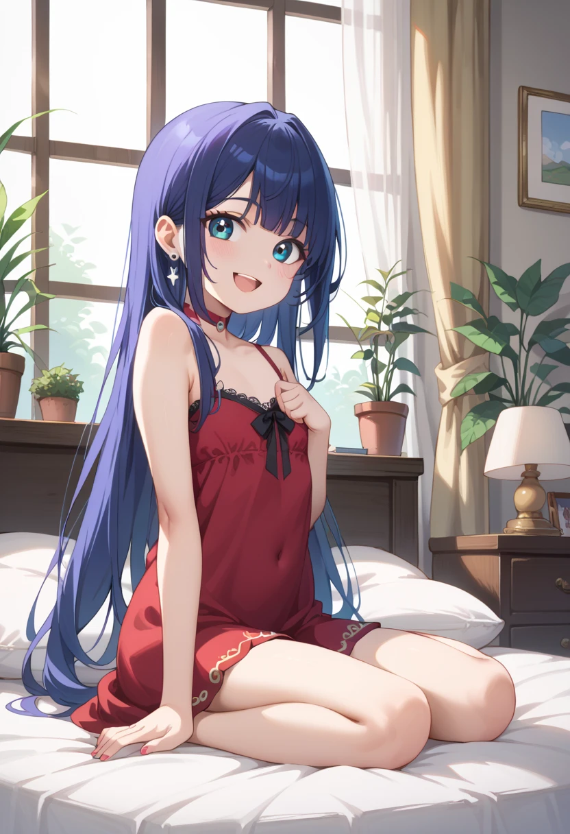 ((best quality)), ((masterpiece)), (be familiar with), completely complete, indoor, bedroom, watching viewers,
One woman, TIANIN FOREVER,
open mouth, ecstatic expression, cover, smile,
small , flat chest, Young girl, lori, , girl,
long hair, long hair,
open,