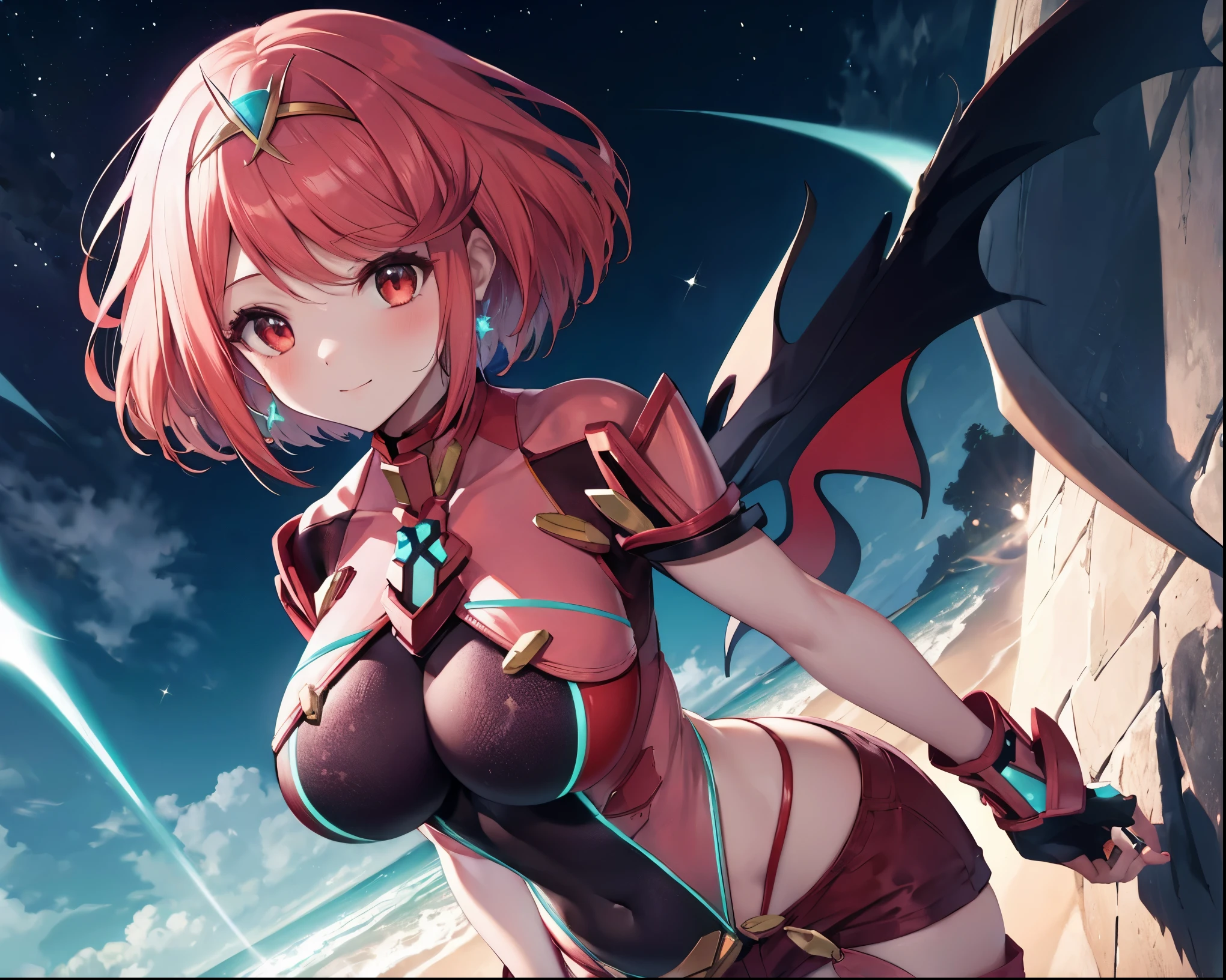score_9, score_8_up, score_7_up, source_anime, rating_safe, BREAK pyra \(Xenoblade\), 1 girl, red hair, short hair, kakiage bang, bob cut, Red Eyes, big breasts, tiara, earrings, chest jewels, Backless Outfit, bodysuit, Belly button cover, neon トリム, Garment Cutouts, Short Sleeve, fingerless gloves, black, shorts, Red Shoes, thigh boots, floating, Dutch Angle, light smile, gaze focus, closed mouth, Viewers, facing viewer, reaching out to viewers, extended arms, wind, Floating Hair, , aura, lightning, light particles, light, blue sky, cloud, sunlight, lens flare、Big Breasts、Black background,colorful, loose clothing、vibrant, Shining Contours ,neon,green、Official Art、viewer, masterpiece, is very beautiful、starry sky、 side map、Light powder、neonヘア、BEST QUALITY , 8k , masterpiece , Unbelievably Dumb , beautiful woman , perfect body , very detailed skin , is on her chest