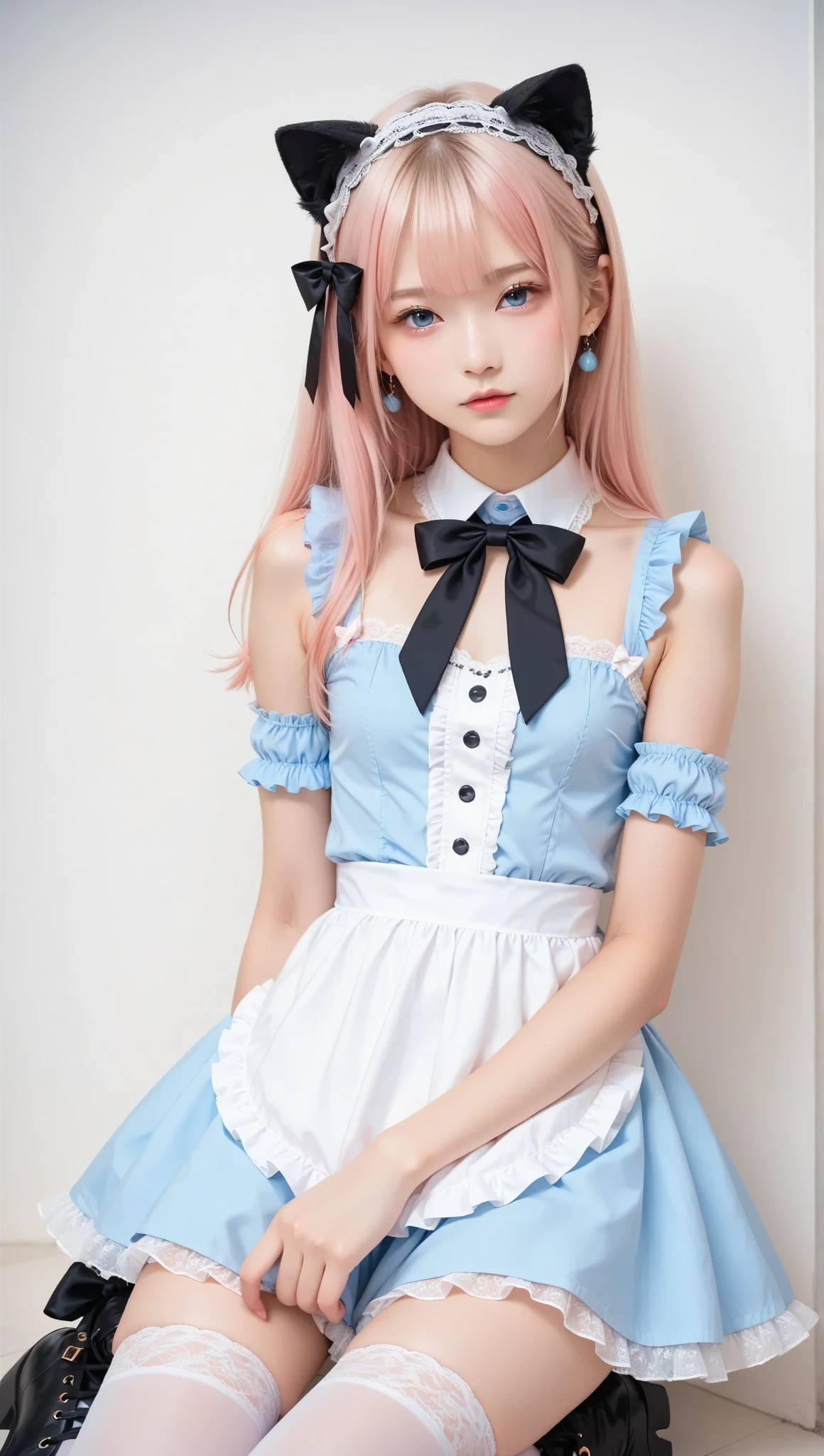 cute girl,pink hair,blue eyes,Wear a maid dress.,cartoon