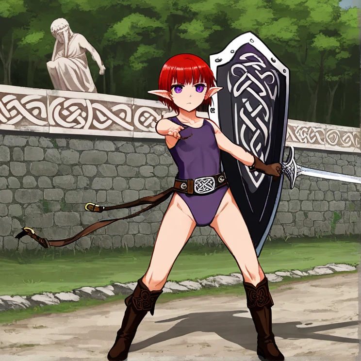 <lora:Annabelle:0.6>, Annabelle, 1girl, solo, red eyes, looking at viewer, skirt, simple background, thighhighs, gloves, navel, very long hair, standing, weapon, boots, midriff, sword, miniskirt, fingerless gloves, cape, armor, zettai ryouiki, hand on hip, high ponytail, black background, sheath, brown gloves, outline, sheathed, blue cape