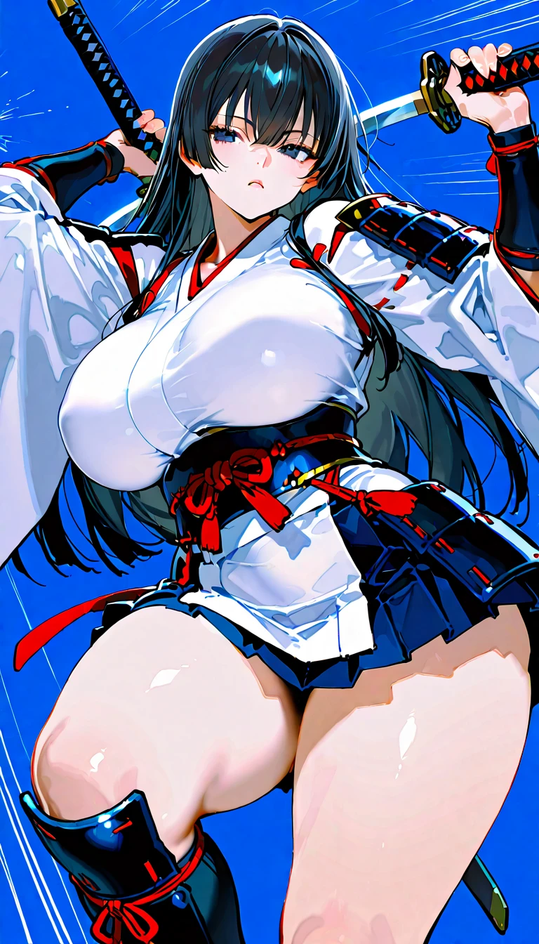 Iroha、super breasts、thick thighs、long black hair、8K, 4k, highest quality, High resolution: 1.2)、cute anime face、noise removal、maid、和風maid、black leotard、full body portrait、Leotard that bites into、Japan holding a sword、sandals、blue eyes、Black long tights、gentle smile、white kimono、T-back that digs into your butt、emphasis on the buttocks、Serving food、Japanese garden