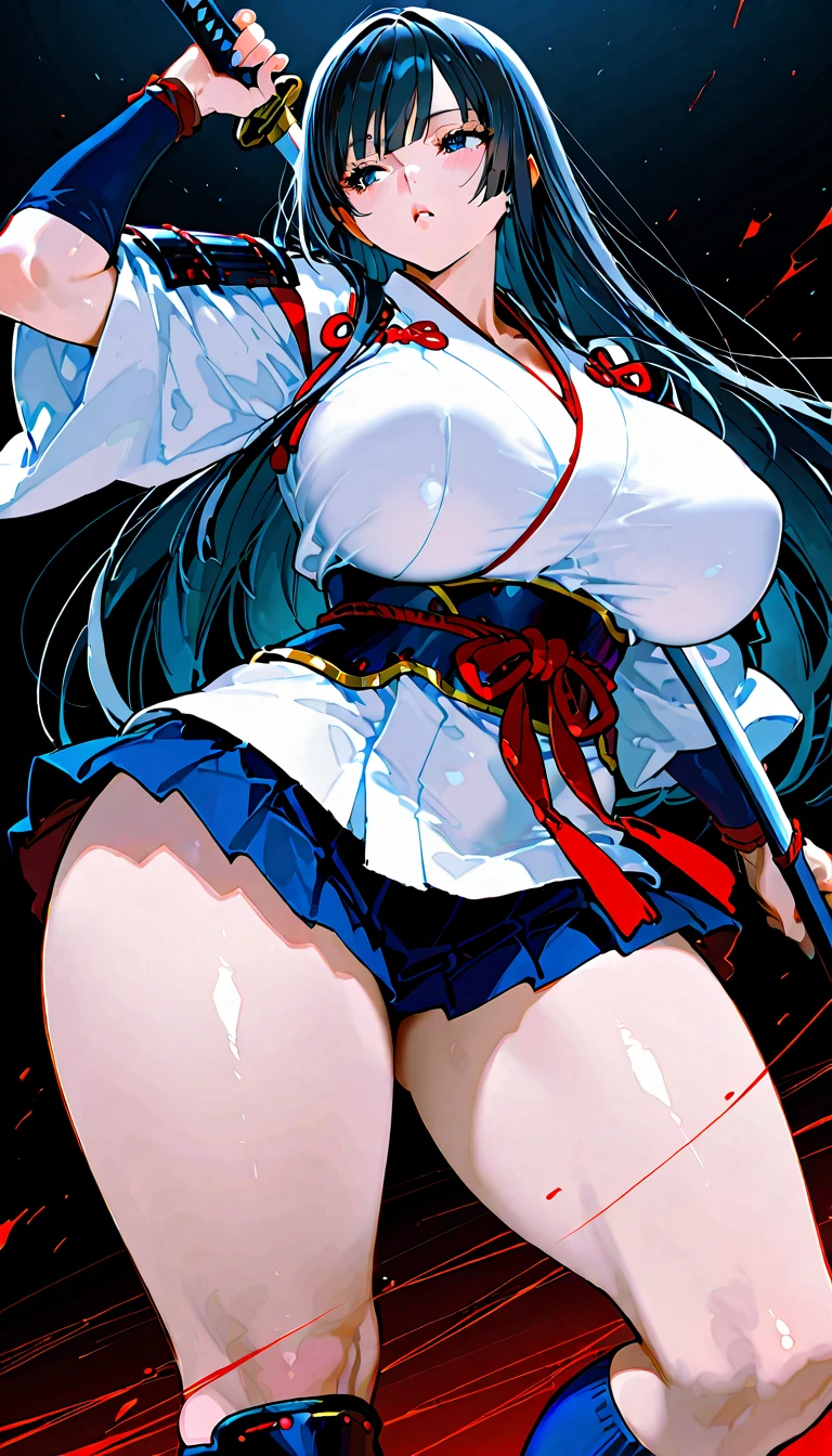 (best image quality, best, girl), (1 girl), (girl in a ponytail wearing a red ribbon-shaped hair ornament)), hair color dark brown, matching bangs, ahoge, vermilion around the eyes, (((black eyes)), ((drooping eyes)), pointed lips, confidence, satisfaction, intimacy, (((big)), full body, woman with sword and sword in hand, (no panties), (without bra), denim micro shorts, ( Shorts:1.3), Butt clipping, blush, ass, (thick thighs:1.0), thick juicy thighs, wide sexy hips, ((view viewer)),obi sword