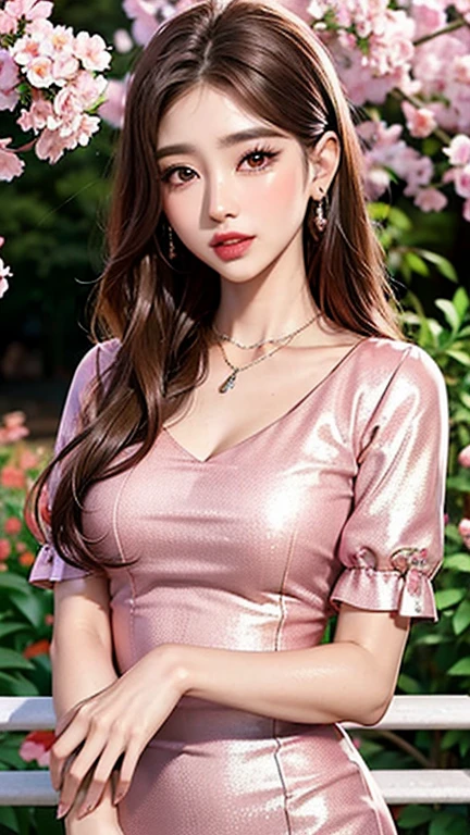 8k, ultra-detailed, high-quality, beautiful woman, slender figure, elegant clothes, brown long wavy hair, adorable eyes, pink lipstick, adorable korean makeup, dainty necklace, dainty earrings, pink floral flared dress, garden cherry blossoms, shiny glitter eye makeup