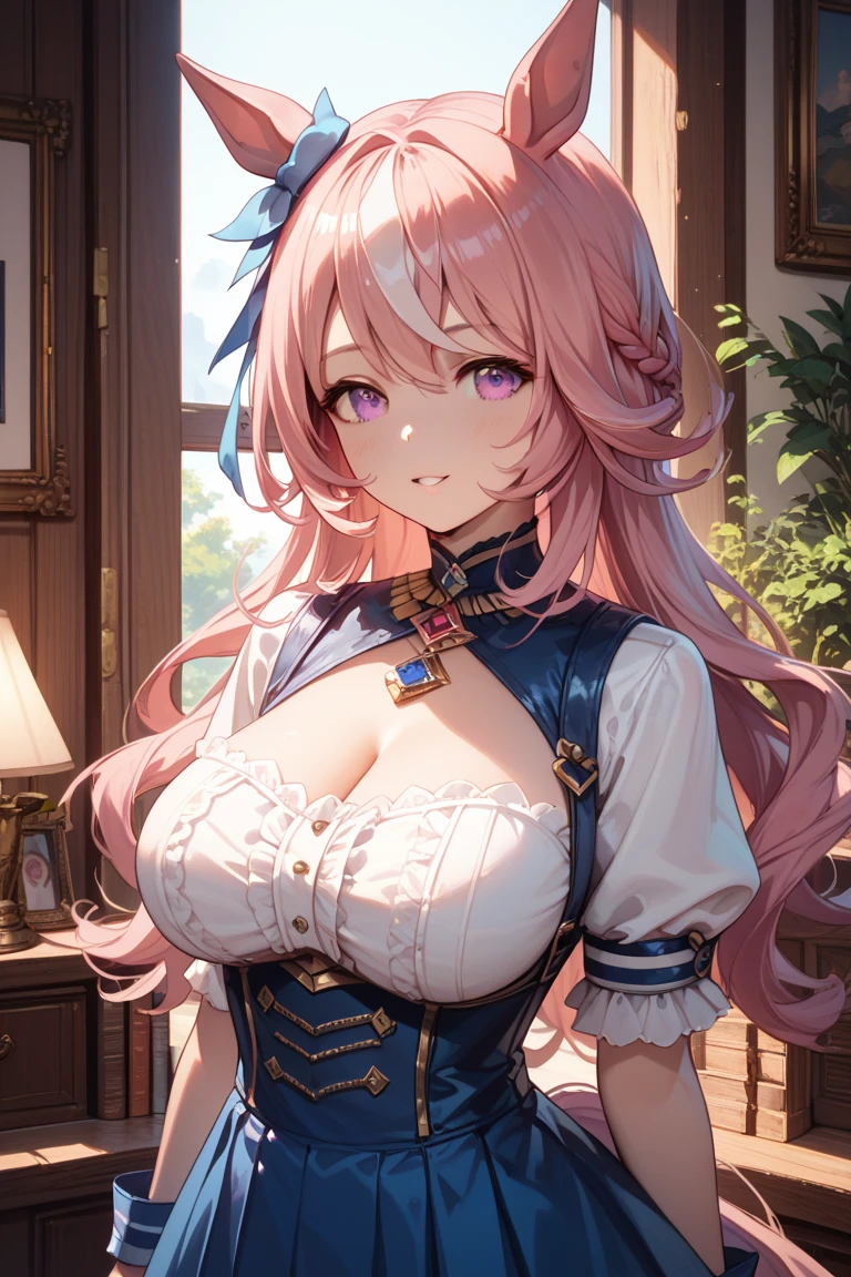 Best Quality,Detailed and cute eyes,Very cute face,(Solo Girl),(gigantic breasts:1.5),(Pink hair),(low twintails:1.6),Big light blue eyes,Very happy smile,View Viewer,BREAK,(steampunk costume,Frill tie,Frilled blouse,Brown embroidered cloak,corset,Mechanical gears embedded in clothing:1.5),Steampunk cityscape,Brick Buildings,Cowboy Shot,(Dynamic Pose,Dynamic Angle:1.4),