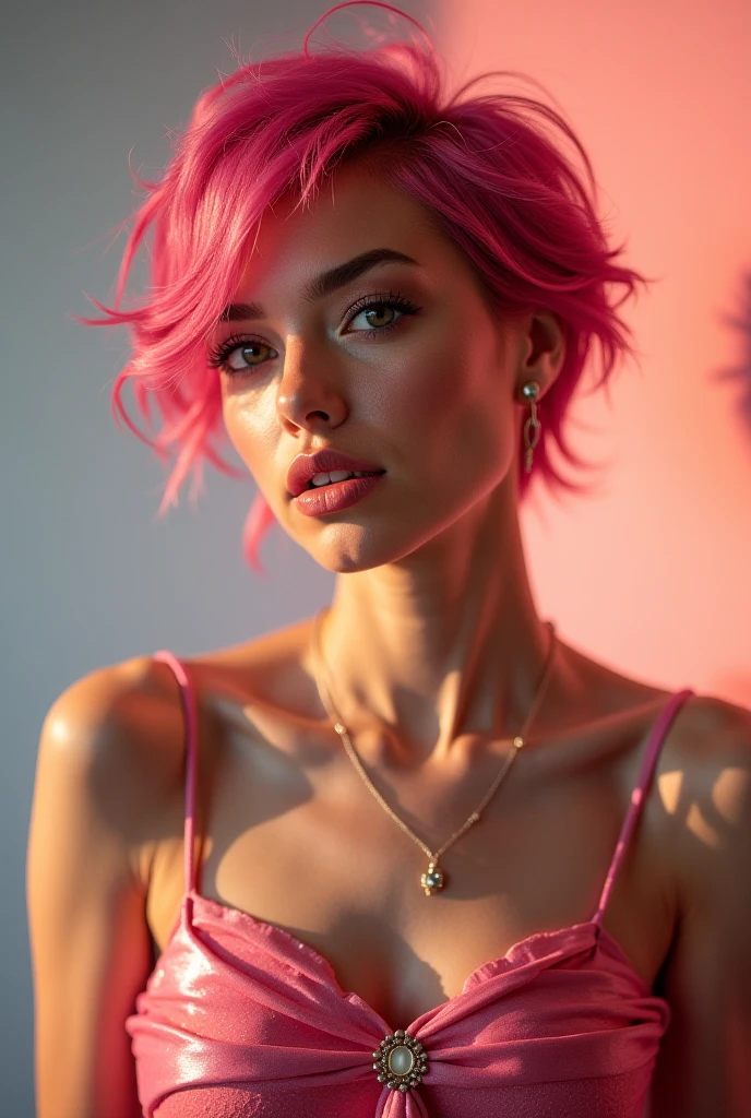 (masterpiece, best quality, highres:1.2), (photorealistic:1.2), (Realistic skin texture:1.4), (film grain:1.3), (detailed light:1.2), (dynamic angle), raw photo, (Creamy Mamy), skinny, curly pink hair, in high detailed white gothic suit, sleeveless top, a short black skirt, smile, (dynamic pose), moonlight passing through hair, (abstract colorful art background:1.3), (sharp), exposure blend, bokeh, (hdr:1.4), high contrast, (muted colors, dim colors, soothing tones:1.3), low saturation, morbid