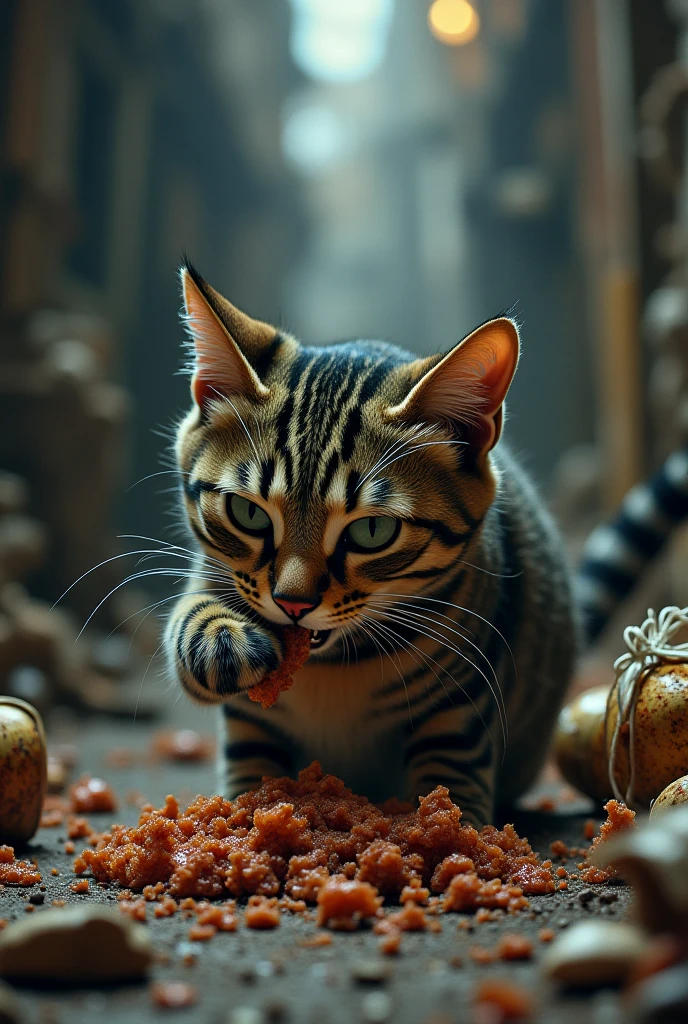 A cat intently watching onions and garlic scattered on a kitchen counter. The owner’s hand is seen moving in to clean up the vegetables, indicating a sense of urgency to protect the cat.