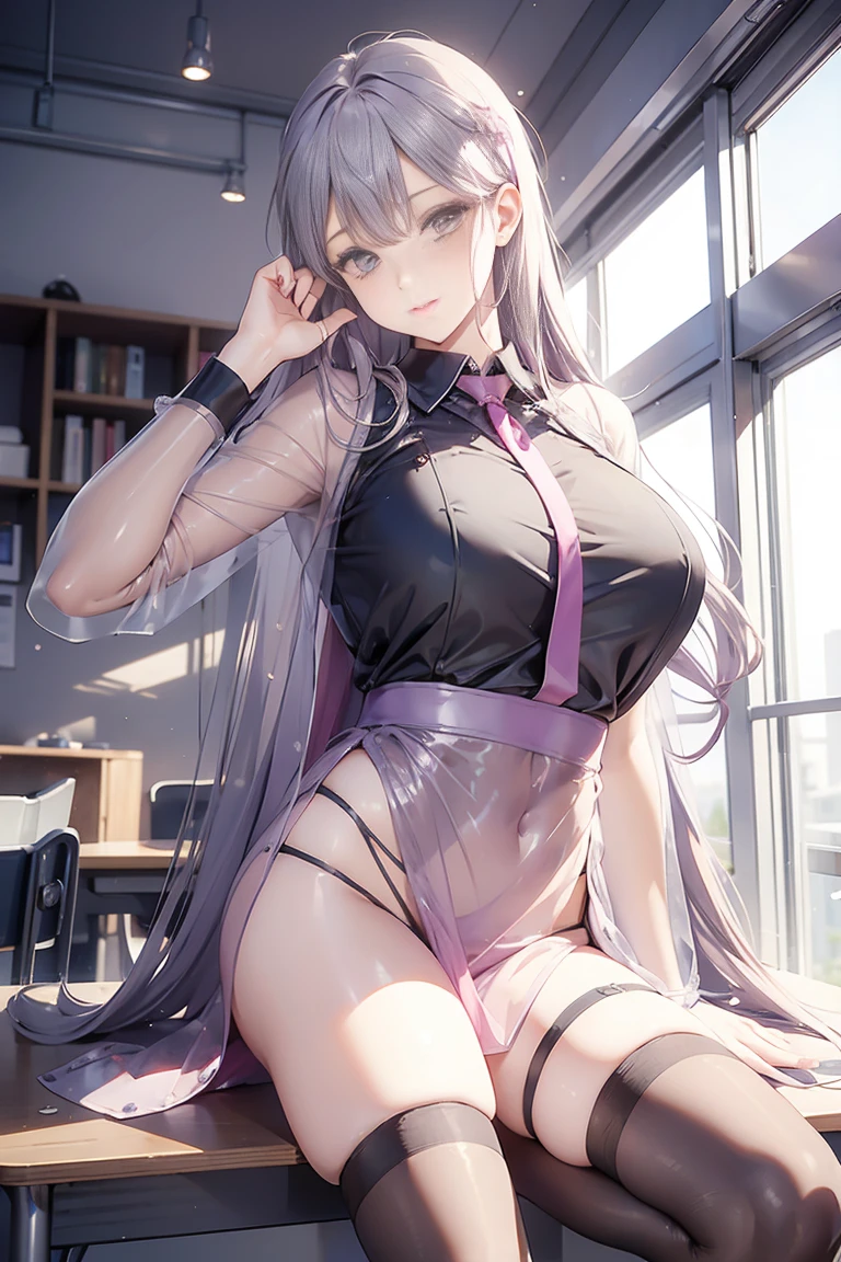 1girl, from below, looking down, pussy, ((hourglass figure)), ((black lingerie)), ((lingerie)), (black tights), ((thick thighs)), ((naked pussy)), nipples, ((fat thighs))