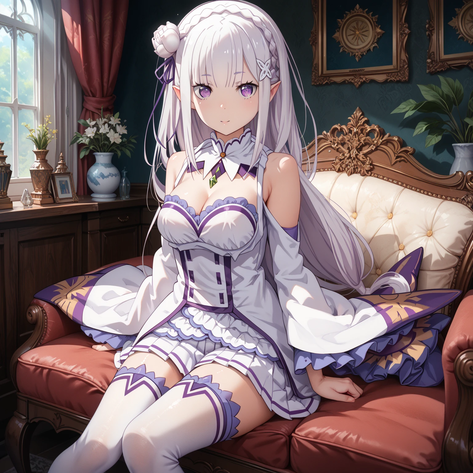 Emilia re:zero, purple eyes, Emilia, crown braid, x hair ornament, flower hair ornament, white hair, long hair, medium breasts, anime girl in underwear sitting on a red couch with a hat, lingerie, lace corset top, sitting on the couch, sitting on the sofa, on a couch, commission for high res, seductive anime girl, relaxed pose, relaxing on the couch, sitting on a sofa, sitting on couch, sitting on a couch, sitting on the bed, sitting in her room, sitting on a bed