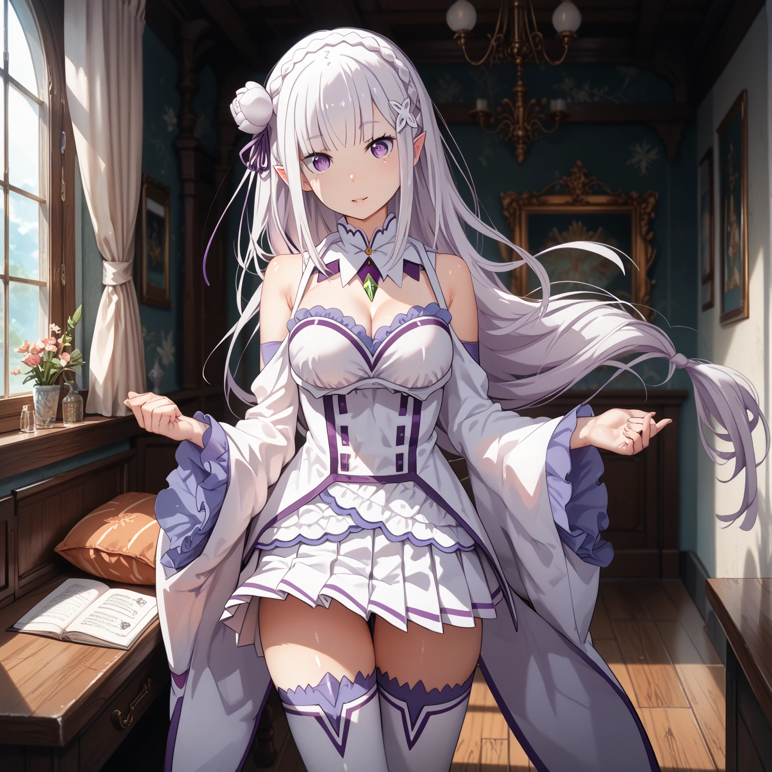 Emilia Re:Zero, white hair, white crown braid, purple ribbons in hair, white flower in hair, white lingerie, x hair ornament, purple eyes, long hair, medium breasts, fox girl, multiple tails, 1girl, solo, 

(masterpiece:1.1), (best quality:1.1), (ultra-detailed:1.1), (illustration:1.1), medium breasts, cat lingerie, cleavage cutout, midriff, lingerie, looking at viewer,