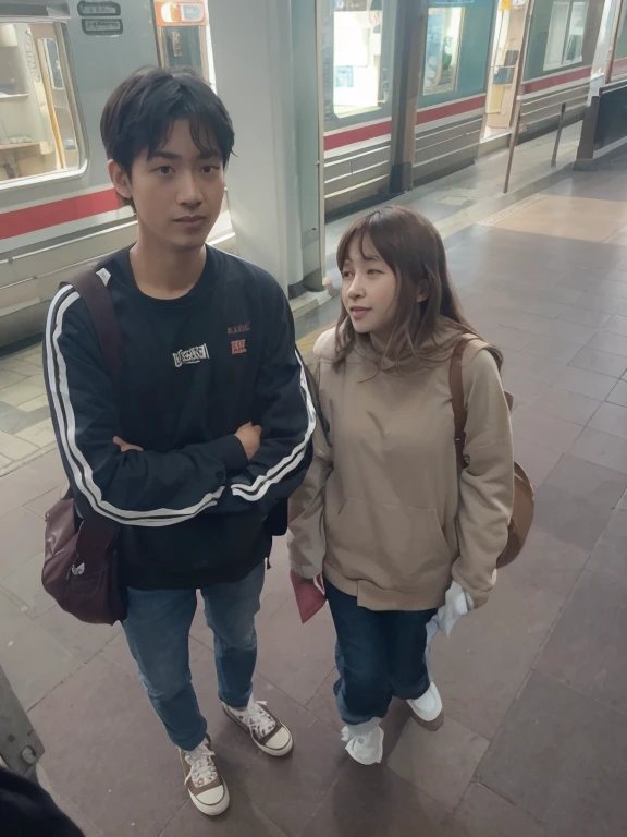 Create a realistic young couple image background should be train 