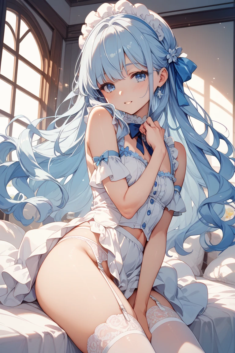 ((8k, Highest quality, masterpiece: 1.3)),Ultra-high resolution,(1 girl, alone), (Color changing eyes, Ultra-detailed, Expressive brilliance, Glitter, Glowing Eyes), Highly detailed eyes, Highly detailed face, Random Hair, ((pastel colour))A dreamy young woman with pastel blue hair styled into loose curls, sitting on her bed during a quiet morning. She is wearing a soft white bikini with a scalloped neckline that enhances her curves. The camera captures her from a low, eye-level angle as she sits in an "M" pose with (open legs:1.4), her hands gently resting on her ankles. The morning light softly illuminates the room, creating a serene and peaceful mood, with minimalist decor that highlights the purity and simplicity of the scene.